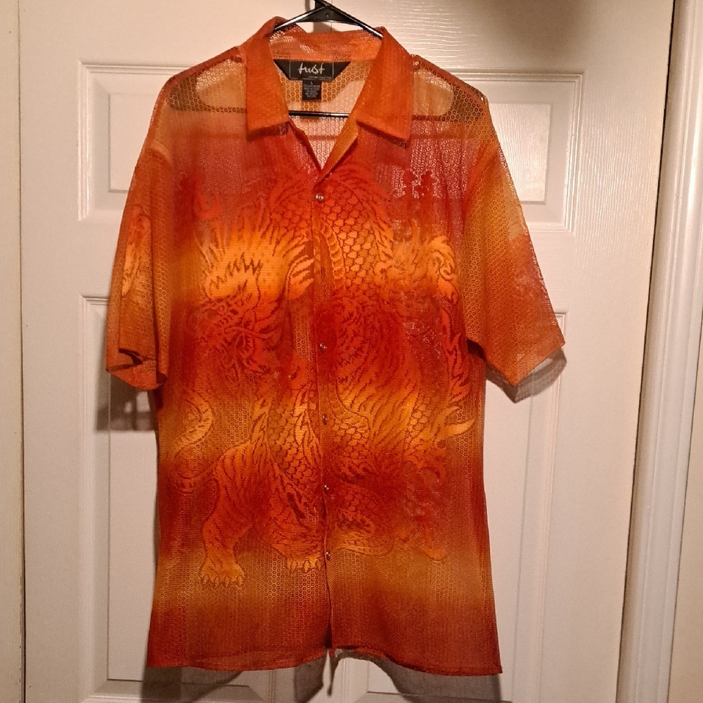 🐲Orange Gradient Dragon-Print Short Sleeve Sheer Shirt For men perfect4 Summer